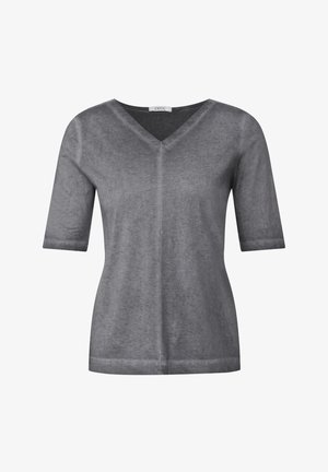 Šedé tričko s krátkým rukávem a výstřihem do V, vyrobené z měkké tkaniny s hladkou strukturou. Disponuje jednoduchým designem a volným střihem. Bez vzorů a kovových prvků.