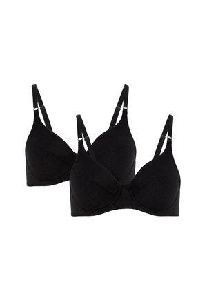 Black bras with smooth fabric, molded cups, adjustable straps, and a subtle decorative trim along the edges. Set of two.