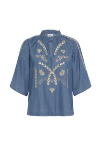 Sinine denim pluus laiadest varrukatest, volangkaelusest ja beežist lille- ja lehemustrist esiosas ning õlgadel.