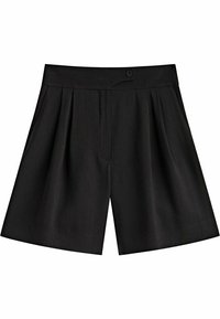 Pantaloni corti neri a pieghe con frontale piatto, tasche laterali e chiusura a bottoni, realizzati in un tessuto liscio. Vestibilità sartoriale con gambe ampie.