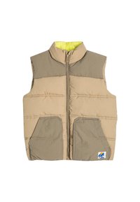 Beige gewatteerde vest met een hoge kraag, rits aan de voorkant, twee grote zakken en een felgele voering. Kenmerkt een contrasterend bovenstuk in donkerbeige.