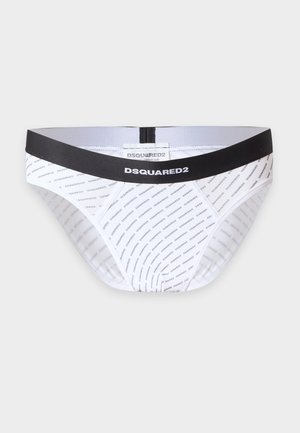 Caleçons blancs pour hommes avec un imprimé du logo DSQUARED2 en répétition et une ceinture noire portant le nom de la marque DSQUARED2 en blanc.