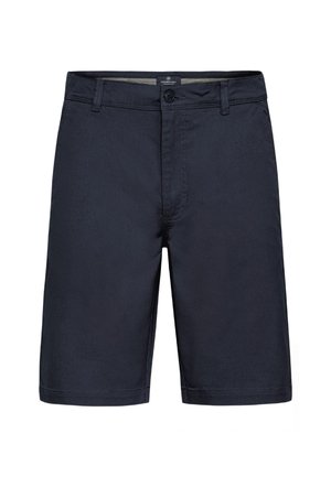 Marineblaue Shorts aus leichtem Stoff, mit einem Reißverschluss und Knopfverschluss, Gürtelschlaufen und klaren, schlichten Linien.