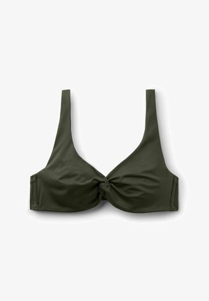 Olivengrøn bikini top med brede skulderstropper og en knude foran i midten, fladt lagt ud på hvid baggrund.