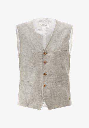 Helles graues Leinenwesten mit fünf braunen Knöpfen, zwei vorderen Taschen und einem glatten gemusterten Futter. Hat eine taillierte Form und einen Rücken-schlitz.