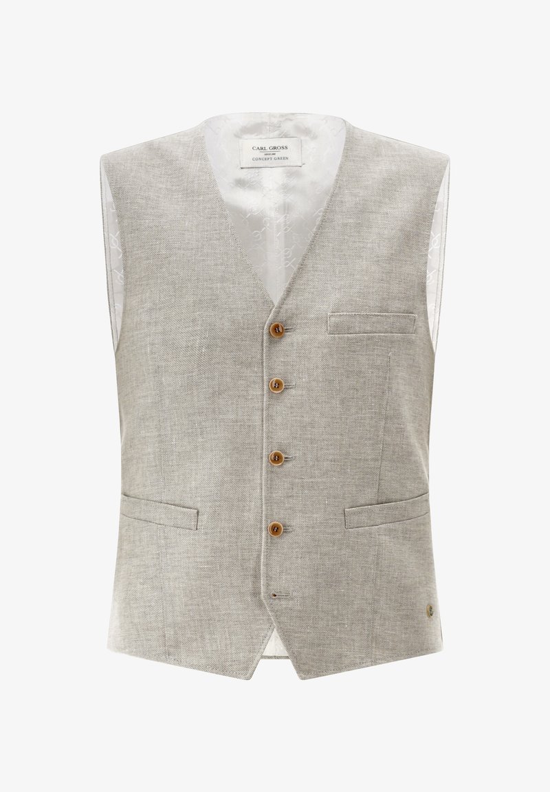Light gray linen vest with five brown buttons, two front pockets, and a smooth patterned lining. Features a tailored shape and back vent.