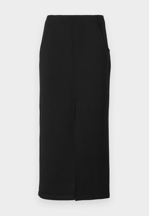 Fekete midi szoknya puha, rugalmas anyagból, egyenes sziluettel, oldalsó zsebekkel és középső varrási részlettel.