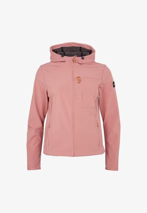 Chaqueta softshell rosa con capucha, cremallera frontal, bolsillo en el pecho y bolsillos laterales. Presenta herrajes naranjas contrastantes y una textura suave.