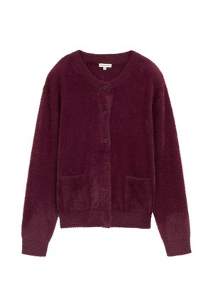 Burgunderfarbener Strickcardigan mit V-Ausschnitt, fünf Knöpfen und zwei Fronttaschen. Weicher Stoff mit gerippten Bündchen und Saum.