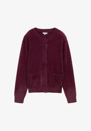 Burgundy knitted cardigan featuring a v-neck, five buttons, and two front pockets. Soft texture with ribbed cuffs and hem.