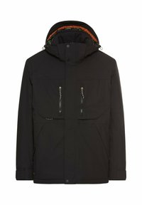 Schwarze wasserdichte Jacke mit abnehmbarer Kapuze, zwei Reißverschlusstaschen auf der Brust und einem orangefarbenen Innenfutter. Mit verstellbaren Bündchen und Saum.