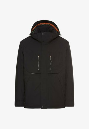 Schwarze wasserdichte Jacke mit abnehmbarer Kapuze, zwei Reißverschlusstaschen auf der Brust und einem orangefarbenen Innenfutter. Mit verstellbaren Bündchen und Saum.
