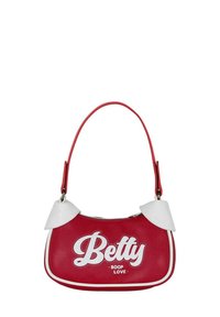 Bolso sintético rojo con acentos blancos, que cuenta con un cierre con cremallera y una correa corta para el hombro, decorado con el texto "Betty Boop Love".