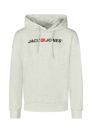 Hellgrauer Hoodie aus weichem Stoff. Verfügt über eine Fronttasche in Kängurustil, eine Kapuze mit Kordelzug und einen schwarzen Logotext auf der Brust.