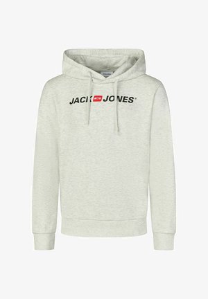 Lichtgrijze hoodie gemaakt van een zachte stof. Voorzien van een kangoeroezak aan de voorkant, een capuchon met trekkoord en een zwart logotekst over de borst.