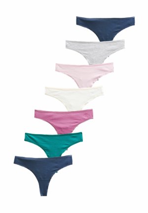 Zeven paar katoenen tangaschortjes in verschillende kleuren: marineblauw, grijs, roze, wit en teal. Gladde textuur met elastische taillebanden.