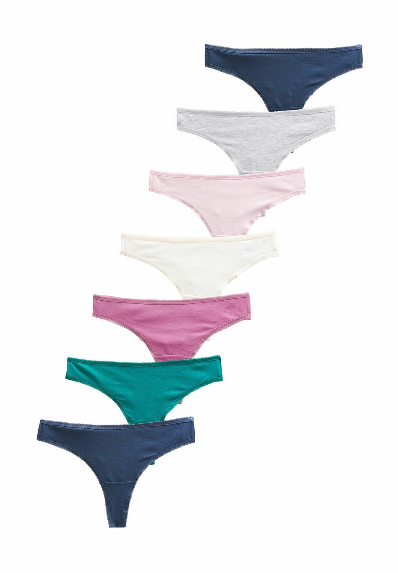 Seven pairs of cotton thong underwear in various colors: navy, gray, pink, white, and teal. Smooth texture with elastic waistbands.