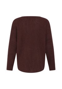 Pull en maille marron foncé à manches longues, col rond et texture côtelée, vu de dos sur fond blanc uni.