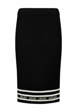 Zwarte katoenen kokerrok met een geribde tailleband en witte logo-stripe aan de zoom voor detail en contrast. Soepele textuur over de gehele rok.