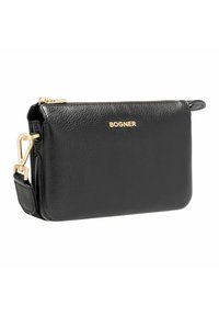 Borsa a tracolla in pelle nera con finitura texture, hardware dorato e chiusura con zip. Dotata di tracolla staccabile e logo impresso.