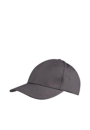 Dark gray baseball cap with stitched panels and curved brim, displayed against white background.