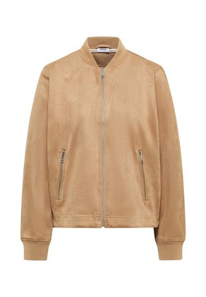 Veste bomber en daim beige avec fermeture éclair à l'avant, col et poignets côtelés, et deux poches latérales zippées, étiquetée "Cecil".