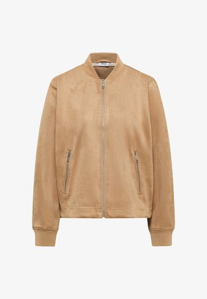 Beige suède bomberjack met een ritssluiting aan de voorkant, geribde kraag en manchetten, en twee ritssluitingen aan de zijkanten, met het label "Cecil."