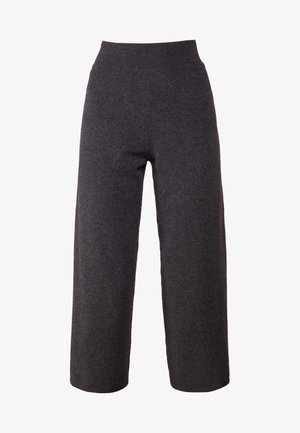 Graue, weit geschnittene Hosen aus weichem, dickem Strickmaterial; ausgestattet mit einem geribbelten Taillenbund und einer lockeren, bequemen Passform.