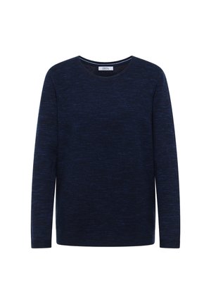 Dunkelblaues langärmeliges Strickpullover mit glatter Textur, Rundhalsausschnitt und subtil gemustertem Gewebe. Das Etikett trägt den Namen "CECIL."