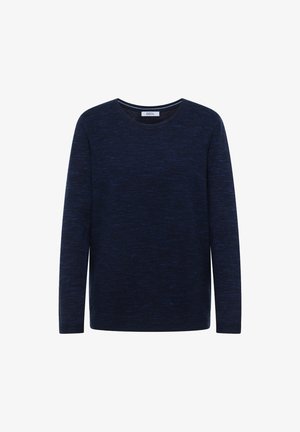 Granatowy sweter z długim rękawem, wykonany z dzianiny o gładkiej fakturze, z okrągłym dekoltem i delikatnym wzorem tkaniny. Metka opisuje "CECIL".