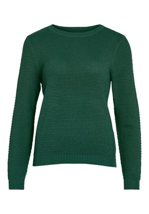 Ciemnozielony, dzianinowy sweter z długim rękawem, z teksturowanym wzorem, okrągłym dekoltem oraz ściągaczami przy mankietach i dolnym brzegu.