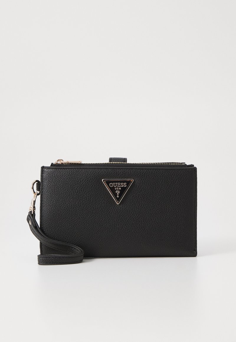 Black textured wallet with a gold triangle logo, zip closure, and detachable wrist strap. Simple rectangular design with no additional patterns.