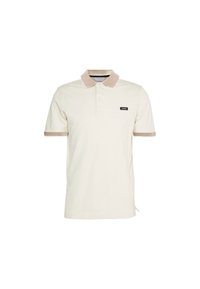 Polo shirt beige chiaro realizzato in cotone. Presenta un colletto e maniche a costine color marrone chiaro, con un piccolo logo nero sul petto.