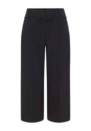 Zwarte wijde broek met een zachte textuur. Voorzien van een tailleband met trekkoord en een geplooid ontwerp. Rechte snit aan de onderkant.