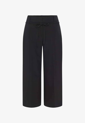 Black wide-leg trousers with a soft texture. Features a drawstring waistband and pleated design. Straight cut at the bottom.