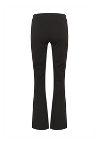 Pantalons évasés noirs en tissu extensible. Dotés d'une taille haute et d'une texture lisse. Pas de motifs ni d'embellissements visibles.