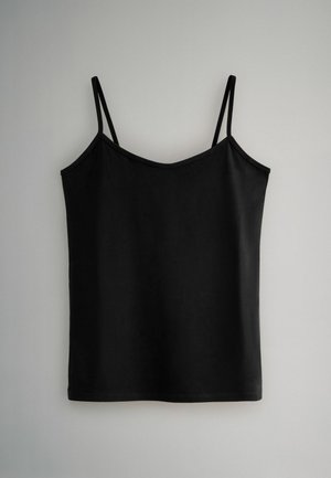 Black camisole top with thin straps, made from smooth, lightweight fabric. Features a V-neckline and a relaxed fit.