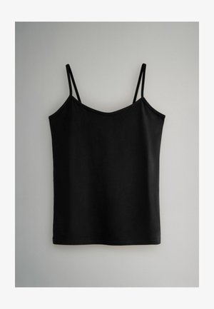 Black camisole top with thin straps, made from smooth, lightweight fabric. Features a V-neckline and a relaxed fit.