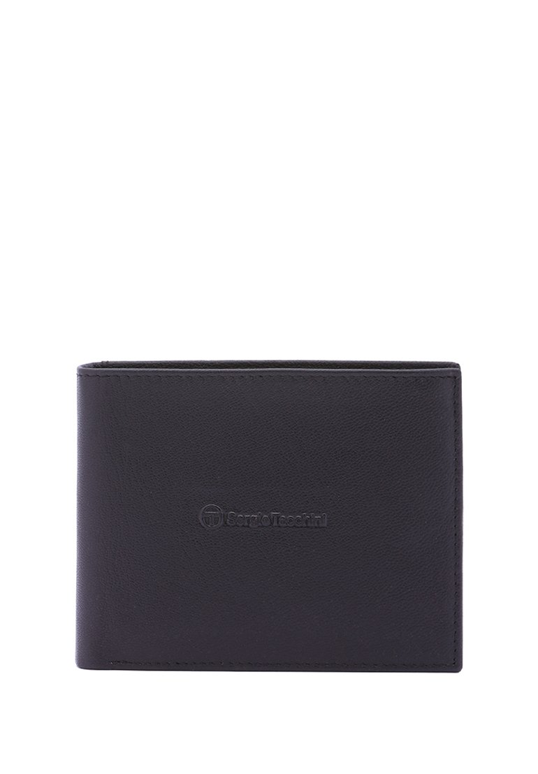 Portafoglio in pelle nera con texture liscia, design a doppia piega, logo impresso e bordi cuciti in modo ordinato. Forma rettangolare compatta.