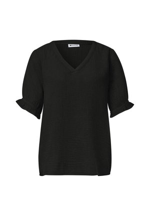 Street One, KURZARM BLUSE MIT V-NECK UND RÜSCHEN - Blouse - black