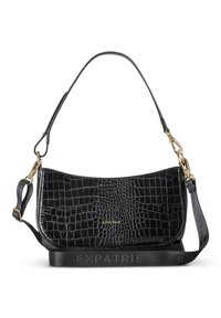 Schwarze Krokodil-Prägung Ledertasche mit goldener Logo, im glatten, halbmondförmigen Design, abnehmbarem Tragegurt und goldenen Hardware-Akzenten.