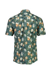 Camicia a maniche corte floreale con una base verde, fiori di colore chiaro in arancione e bianco, colletto e vestibilità regolare.