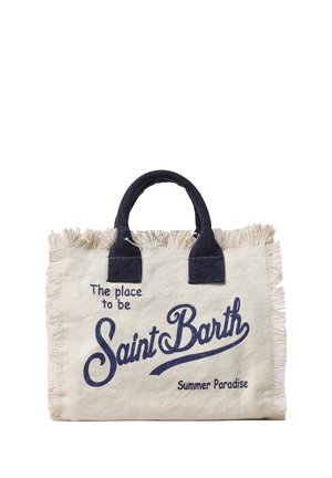 Borsa tote in tela con manici blu navy, bordi sfrangiati e testo blu navy: "The place to be Saint Barth Summer Paradise."