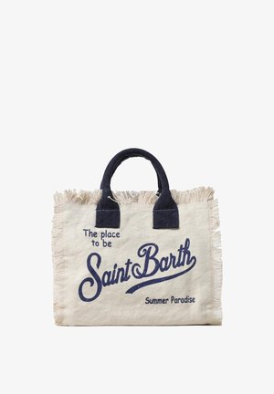 Canvas draagtas met navy handvatten, franjes langs de randen en navy tekst: "The place to be Saint Barth Summer Paradise."