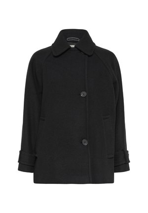 Black wool blend coat with a wide collar, double-breasted buttons, and side pockets; features a relaxed fit and cuffed sleeves.