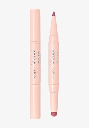 Producto labial de doble extremo en estuche rosa claro. Presenta una punta de crayón puntiaguda y un diseño retráctil, con una textura suave y un brillo sutil.