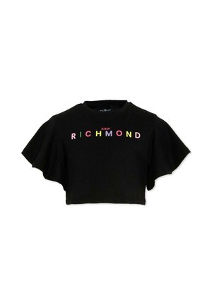 T-shirt court noir avec de larges manches volantées et "JOHN RICHMOND" en lettres multicolores sur la poitrine.