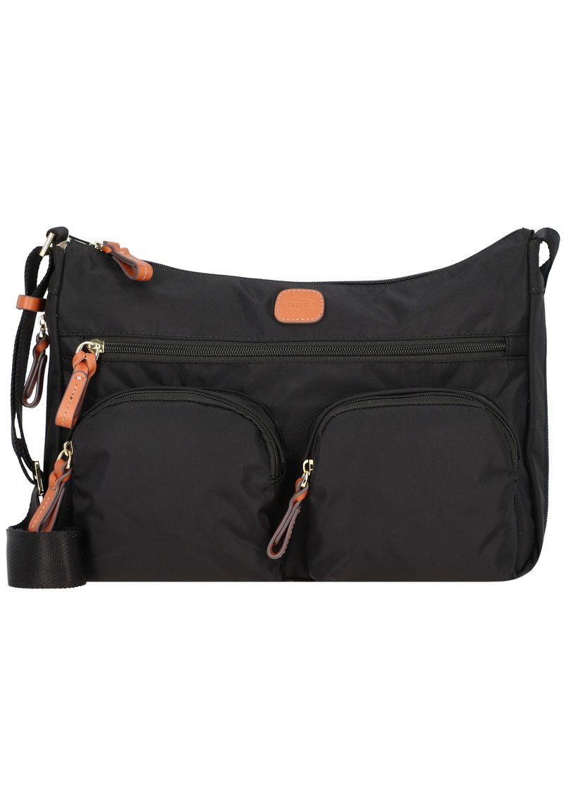 Borsa a tracolla nera in nylon con due tasche frontali con zip, dettagli in pelle color cuoio e una tracolla staccabile per opzioni di trasporto versatili.