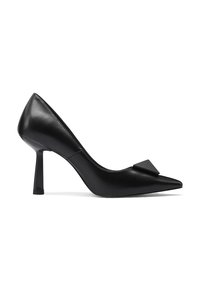 Pumps nere in pelle con tacco alto, punta affusolata e dettaglio ad accentazione triangolare. Presentano una silhouette elegante e un design con tacco a stiletto.