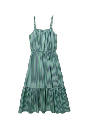 Robe rayée en vert et violet, en tissu léger, dotée de bretelles spaghetti, d'une taille élastique et d'un ourlet volanté évasé.